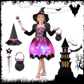 Girls' Light-Up Witch Costume 5-Piece Halloween Set Carnival Party (size: Height 160cm)