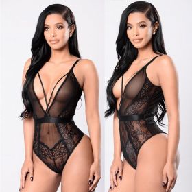 Fashion Sleepwear Backless Teddies Hollow Bodysuit Floral Lace Halter One Piece Sexy Lingerie (Color: Black, size: S)