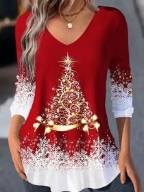 Plus Size Christmas Casual Top, Women's Plus Tree & Snowflake Print Long Sleeve Round Neck Medium Stretch Top (Color: Red, size: 5XL(22))