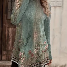 Plus Size Casual Top, Women's Plus Floral Print Long Sleeve High Neck Asymmetric Hem Tunic Top (Color: Green, size: Plus 3XL(22/24))