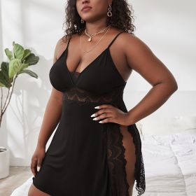 Plus Size Solid Contrast Lace Trim Cami Sexy Nightdress; Women's Plus Slight Stretch Semi Sheer Loungewear (Color: Black, size: 1XL(14))