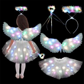 Luminous Angel Costume Children with Wings LED Tutu Skirt for Girls Halloween Carnival Cosplay (Color: White)