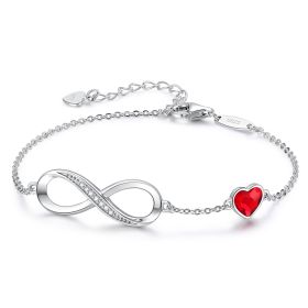 Infinity Heart Symbol Charm Link Bracelet for Women, 925 Sterling Silver Bracelet (Color: Red/Silver)