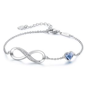 Infinity Heart Symbol Charm Link Bracelet for Women, 925 Sterling Silver Bracelet (Color: Blue/Silver)