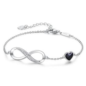 Infinity Heart Symbol Charm Link Bracelet for Women, 925 Sterling Silver Bracelet (Color: Black/Silver)