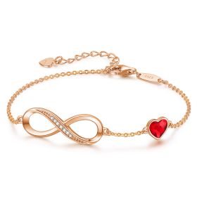 Infinity Heart Symbol Charm Link Bracelet for Women, 925 Sterling Silver Bracelet (Color: Red/Gold)