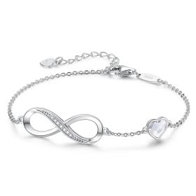 Infinity Heart Symbol Charm Link Bracelet for Women, 925 Sterling Silver Bracelet (Color: White/Silver)