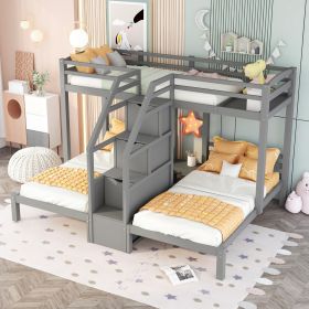 Twin over Twin & Twin Bunk Bed with Built-in Staircase and Storage Drawer (Color: Gray)