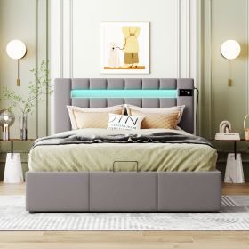 Upholstered Bed Full Size with LED light;  Bluetooth Player and USB Charging;  Hydraulic Storage Bed in Velvet Fabric (Color: Gray)