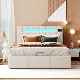 Upholstered Bed Full Size with LED light;  Bluetooth Player and USB Charging;  Hydraulic Storage Bed in Velvet Fabric (Color: Beige)